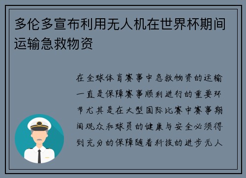 多伦多宣布利用无人机在世界杯期间运输急救物资