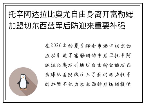 托辛阿达拉比奥尤自由身离开富勒姆加盟切尔西蓝军后防迎来重要补强